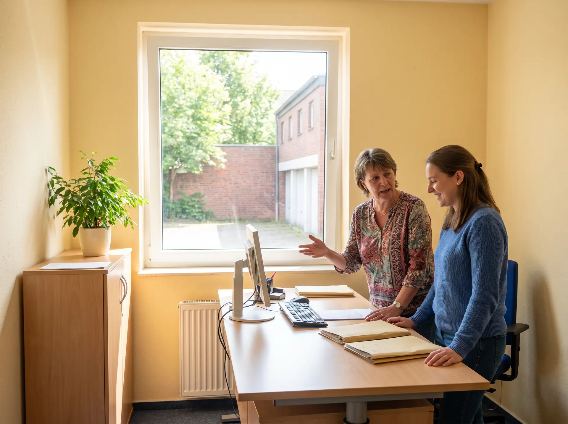 Eine Betreuerin und ein junger Mann räumen vor dem Eingang einer sozialen Einrichtung Kisten in einen Kleinbus